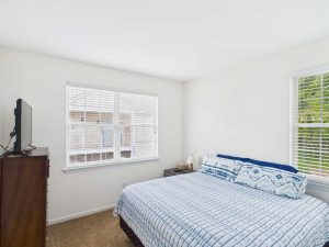 Apartments for rent in Limerick PA USA A bedroom with a large bed covered in a blue and white patterned blanket, two windows with blinds, a dresser with a TV, and a small bedside table with a lamp.