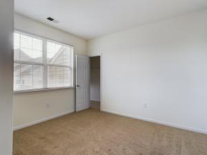 Empty media room with tan carpet and white walls.